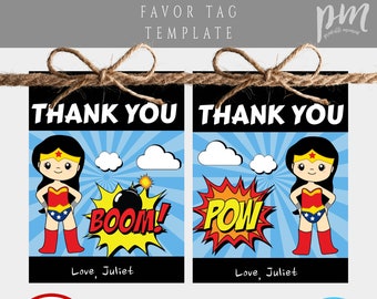 Superhero Thank You Tag Template for Girl, Favor Tag for Super Hero Birthday Party, Thank You Gift Tag, Editable Tag, Printable Tag, BPSW