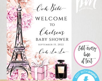 Paris Baby Shower Welcome Sign Template, Eiffel Tower Shower Sign, Pink DIY Welcome Poster, Instant Download, Editable Welcome, BSPP