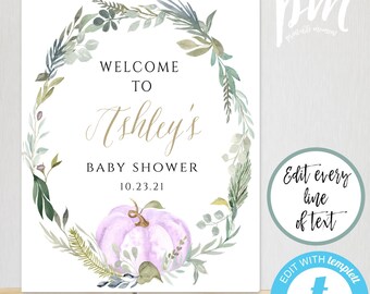 Purple Pumpkin Girl Baby Shower Welcome Sign Template, Welcome Poster, Editable Watercolor Welcome Sign, Printable Fall Shower Decor, PPBS