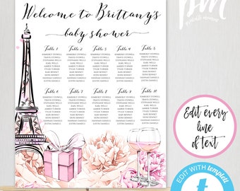 Paris Baby Shower Seating Chart Template, French Baby Shower Welcome Sign, Eiffel Tower Sign, Printable Girl Shower Welcome Poster, BSPP