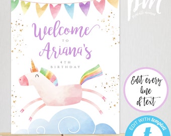May include: A printable welcome sign for a 4th birthday party featuring a watercolor unicorn with a rainbow mane and tail, flying over clouds. The sign is decorated with colorful hearts and gold glitter. The text on the sign reads "Welcome to Ariana's 4th Birthday".