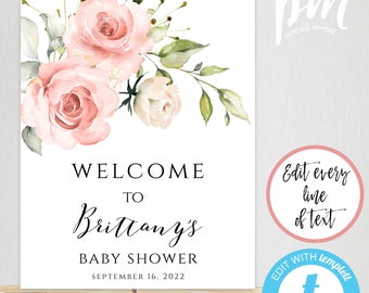 May include: A printable welcome sign for a baby shower with a floral design featuring pink roses and green leaves. The sign says "Welcome to Brittany's Baby Shower September 16, 2022". The sign is 16 inches by 20 inches.