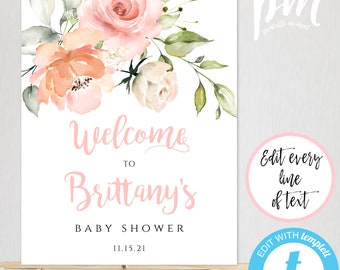 Peach Floral Baby Shower, Welcome Sign Template, Welcome Baby Shower Sign, Welcome Poster, Instant Download, Editable Welcome Sign, BSP2