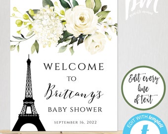 Paris Baby Shower Welcome Sign Template, White Floral Baby Shower, Printable Door Sign, Editable French Baby Shower Sign, Eiffel Tower, PBS