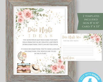 Traveling From Miss to Mrs Date Night Ideas Wedding Shower Game Template, Pink Floral Bridal Shower Activity, DIY Editable Sign + Card, TBSP