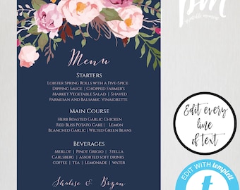 Blue + Pink Wedding Dinner Menu Template, Printable Food Menu Sign, Menu Poster, Editable Wedding Sign, Fully Editable DIY Sign, 16x20, WBBP