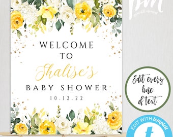 Yellow Floral Baby Shower Welcome Sign Template, Welcome Baby Shower Sign Welcome Poster Instant Download Editable Shower Welcome Sign BSYF