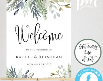 Greenery Wedding Welcome Sign Template 16 x 20 Welcome Wedding Sign Welcome Sign Personalized Edit + Print Yourself Instant Download WBGB