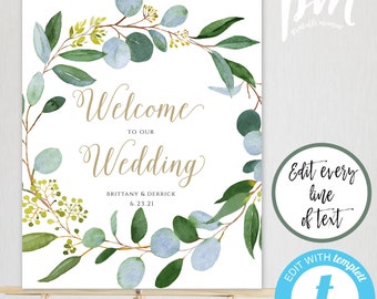 Greenery Wedding Welcome Sign Template, Editable Wedding Welcome Sign, Printable Greenery Welcome Sign Green & Gold Welcome Sign for Wedding
