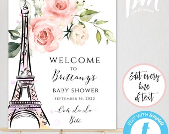 Eiffel Tower Welcome Sign Template for Baby Shower Paris Theme Welcome Sign Ooh La La Bebe, Baby Shower Printable French Welcome Poster BSP3
