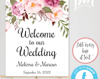 Pink Floral Welcome Sign, Wedding Welcome Sign Template, DIY Welcome Wedding Poster, Printable Welcome Sign, Editable Welcome Sign, WBBH