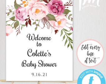 Floral Baby Shower Welcome Sign Template, Welcome Baby Shower Sign, Bohemian Welcome Poster, Instant Download, DIY Boho Baby Shower, BSBH