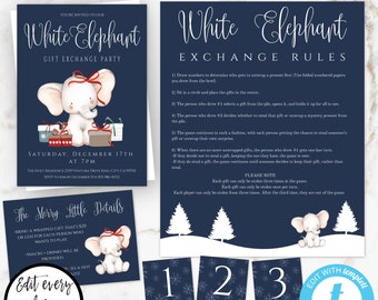 White Elephant Party Template Set, Gift Exchange Party Invitation, Holiday Party Template Set, Christmas Party Invite Instant Download, Edit