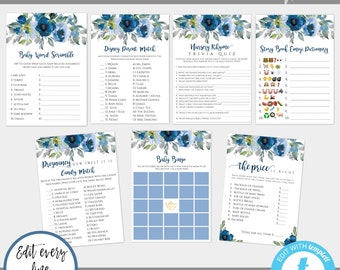 Blue Baby Shower Games Package Template, Games Bundle, Blue Floral Baby Shower, Printable Games, Editable Party Games, Baby Bingo, SBTBF