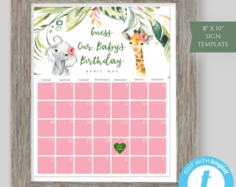 Elephant + Giraffe Due Date Calendar Template for Girl Baby Shower, Safari Shower Guess Baby's Birthday, Jungle Baby Shower Activity, SBSG