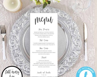 Menusjabloon voor bruiloft, Script dinermenu afdrukbaar, Instant Download, bewerkbare menutekensjabloon, gedrukt menu, DIY-menu, WBWC
