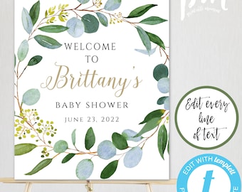 Greenery Baby Shower Welcome Sign Template, Welcome Baby Shower Sign, Welcome Poster, Instant Download, Editable Shower Welcome Sign, BSG