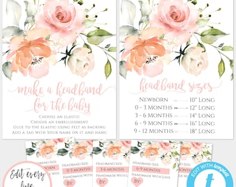 Peach Floral Headband Station for Baby Shower, Headband Kit, Headband Making Set, DIY Make a Headband, Editable Baby Headband Signs, BSP2