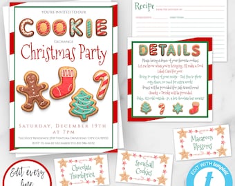 Pode incluir: Modelo de convite imprimível para uma festa de troca de biscoitos de Natal com fundo listrado vermelho e branco. O convite apresenta um homem de gengibre, uma meia, um bastão de caramelo e uma árvore de Natal. O texto do convite diz "You're invited to our Cookie Exchange Christmas Party".