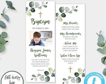 Boy Baptism Bookmark With Photo, Greenery Milestone Bookmark for Baptism, Printable Baptism Template, Christening Bookmark, Gold Cross, BAP8