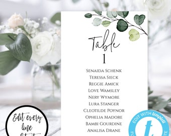 Greenery Seating Chart Template, Wedding Table Cards, Wedding Table Numbers, Wedding Seating Plan, Printable Seating Chart Download, WBGE