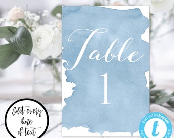 Dusty Blue Table Number Template for Wedding, Editable Light Blue Watercolor Number Card, Printable Wedding Table Decor, Seating Card, WBDB