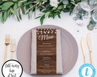 Menú de boda rústico con plantilla de luces de cadena, descarga instantánea de menú imprimible, tarjeta de menú editable, menú de longitud de té, menú de madera de granero, WBRL4