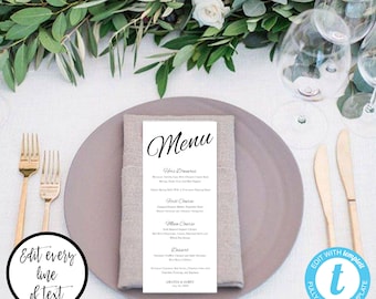 Hochzeitsmenü Vorlage, Druckbares Menü, Hochzeitsmenü, Instant Download, Editierbares Menü, DIY Hochzeitsmenü, Kalligraphie Menü