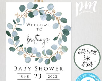 Greenery Baby Shower, Welcome Sign Template, Welcome Baby Shower Sign, Welcome Poster, Instant Download, Editable Shower Welcome Sign, GWBS