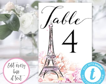 PARIS Table Numbers Template, Eiffel Tower Table Number, Pink Floral 4x6 Printable Table Number Cards, Editable French Theme Template, BSPP