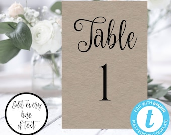 Rustic Table Number Template, Wedding Printable Template, Calligraphy Script Table Numbers, Edit + Print Yourself, DIY Number Cards, WBCR