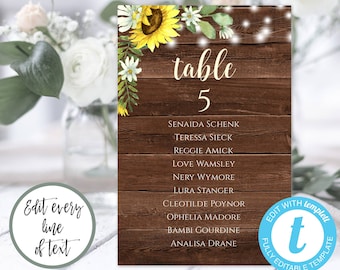 Sunflower Seating Chart Template, Rustic Wedding Table Cards, Barn Wedding Table Numbers, Printable Country Wedding Seating Plan, WBSF