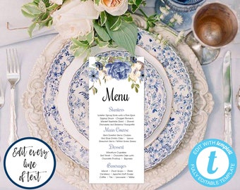 Szablon menu weselnego w kolorze niebieskim, do wydrukowania karta menu w kolorze niebieskim, edytowalne menu kolacji weselnej, do pobrania menu do wydrukowania, BFOW