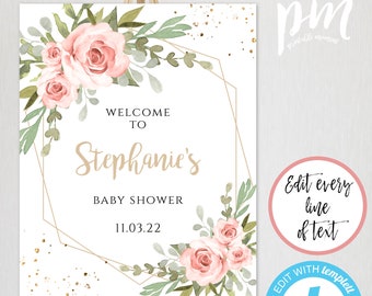 Welcome To Baby Shower Sign Template, Welcome Sign Girl, Printable Pink Floral Baby Shower Sign, Baby Shower Decor, DIY Welcome Poster, BSBG