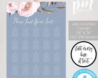 Dusty Blue + Blush Pink Wedding Seating Chart Sign Template, Alphabetical Order, Editable Seating Plan, Printable Find Your Seat Sign, WBBB
