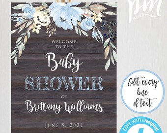 Blaue Blumen Rustikale Babyparty Willkommensschild Vorlage, Rustikales Blumen Willkommensplakat für Jungen, DIY Selbst bearbeiten + Druck 16x20 Zeichen, BSRF2