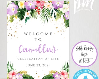 Purple Hawaiian Welcome Sign for Funeral, Printable Celebration of Life Sign, DIY Editable Funeral Template, Tropical Theme Memorial Service