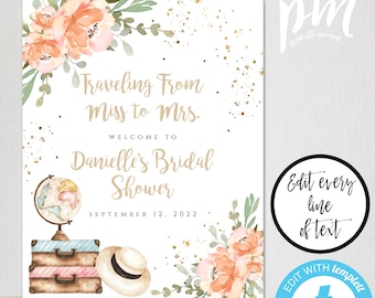 Traveling from Miss to Mrs Welcome Sign Template, Peach Floral Bridal Shower, Printable Travel Shower Decor, Editable Suitcase Sign, TBSH