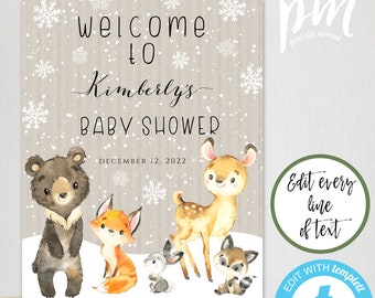 Baby It's Cold Outside Woodland Animal Welcome Sign Template for Baby Shower, Editable Welcome Poster, Printable Winter Welcome Sign, WWA