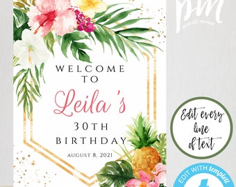 Tropical Birthday Welcome Sign Template 16 x 20, Pineapple Welcome Poster for Girl Birthday Party, Editable Hawaiian Poster, Printable Sign