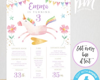 May include: A printable birthday sign featuring a watercolour unicorn with a rainbow mane and tail. The sign includes the name "Emma" and the number "3" to celebrate a birthday. It also includes information about the child's favourite book, food, song, and other details. The sign is 16 inches by 20 inches.