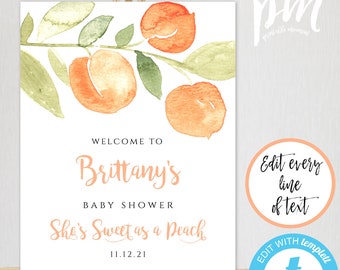 Plantilla de signo de bienvenida de baby shower de melocotón, signo de bienvenida de ducha de acuarela, cartel de bienvenida de melocotón para baby shower, descarga instantánea, BS2PF