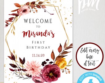 Fall Birthday Welcome Sign Template, Welcome Door Poster, Editable Watercolor Welcome Sign, Printable Fall Shower Decor, Instant Download