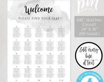 Gray Alphabetical Seating Chart Template for Wedding, Watercolor Welcome Seating Chart, Alphabetized Seating, ABC Order Table Chart, WBGW