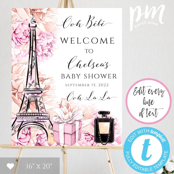 Paris Baby Shower Welcome Sign Template, Eiffel Tower Shower Sign, Pink DIY Welcome Poster, Instant Download, Editable Welcome, BSPP