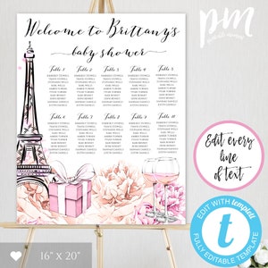 Parijs Baby Shower Zitplaatsen Kaart Sjabloon, Franse Baby Shower Welkomstbord, Eiffeltoren Teken, Afdrukbare Meisje Douche Welkomstposter, BSPP