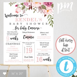 Plantilla de tablero de estadísticas de embarazo floral rosa boho, cartel de recuerdo de embarazo, tablero de hitos del embarazo, regalo de embarazo, signo de baby shower BSBH