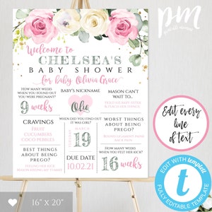 Plantilla de tablero de estadísticas de embarazo floral rosa, cartel de recuerdo de embarazo, tablero de hitos del embarazo, regalo de embarazo, signo de baby shower, PMB