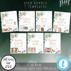 Greenery Travel Bridal Shower Set, Traveling from Miss to Mrs Sign Template Set, Eucalyptus Shower, Travel Decorations Editable Signs, TG