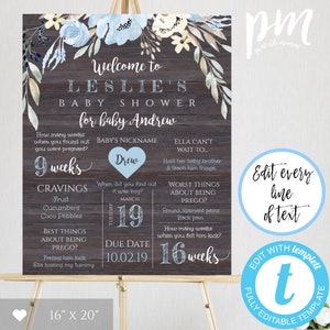 Plantilla de tablero de estadísticas de embarazo floral rústico azul, cartel de recuerdo del embarazo Tablero de hitos del embarazo Regalo de embarazo Signo de baby shower BSRF2
